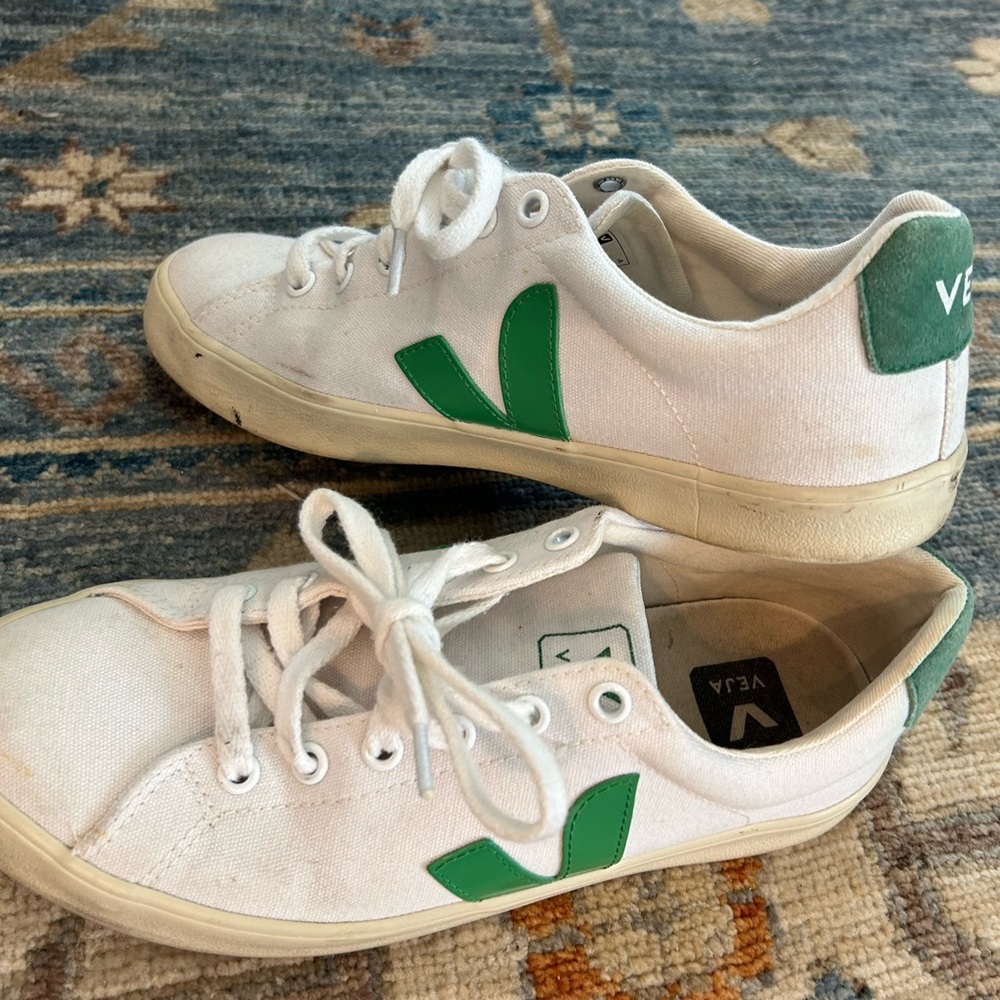 Veja Women’s White Canvas Sneakers with Green V Logo